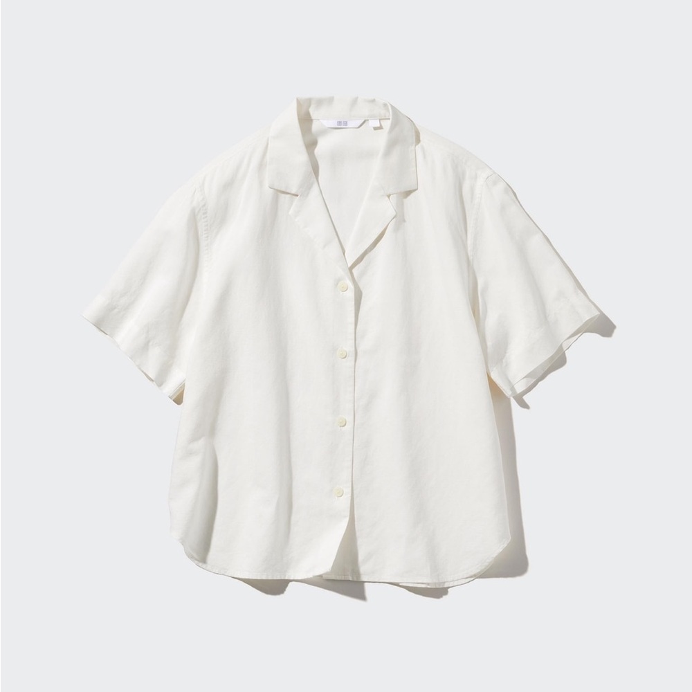 Uniqlo White Linen Blend Open Collar Short Sleeve Shirt